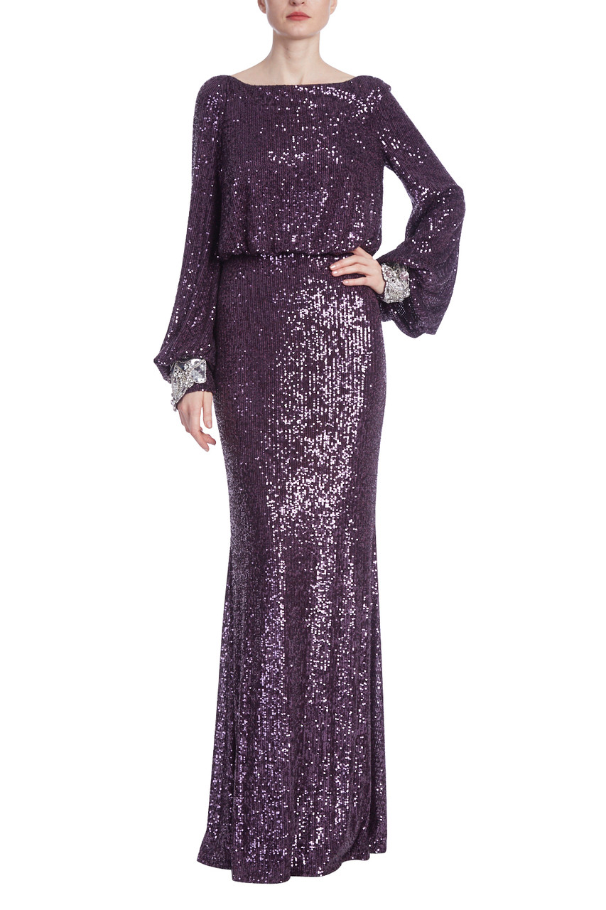 Sequined Boat Neck Column Gown with Balloon Sleeves by Badgley Mischka