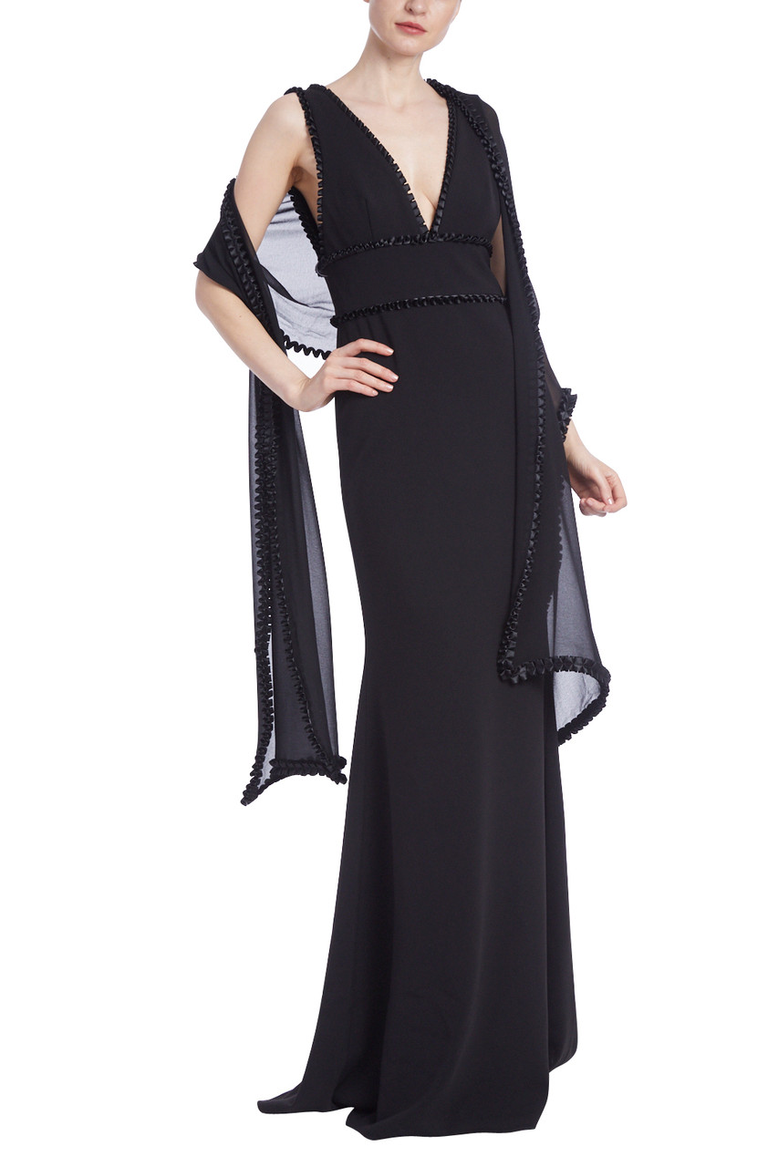 Sleeveless Pleated Trim Gown with Removable Shawl