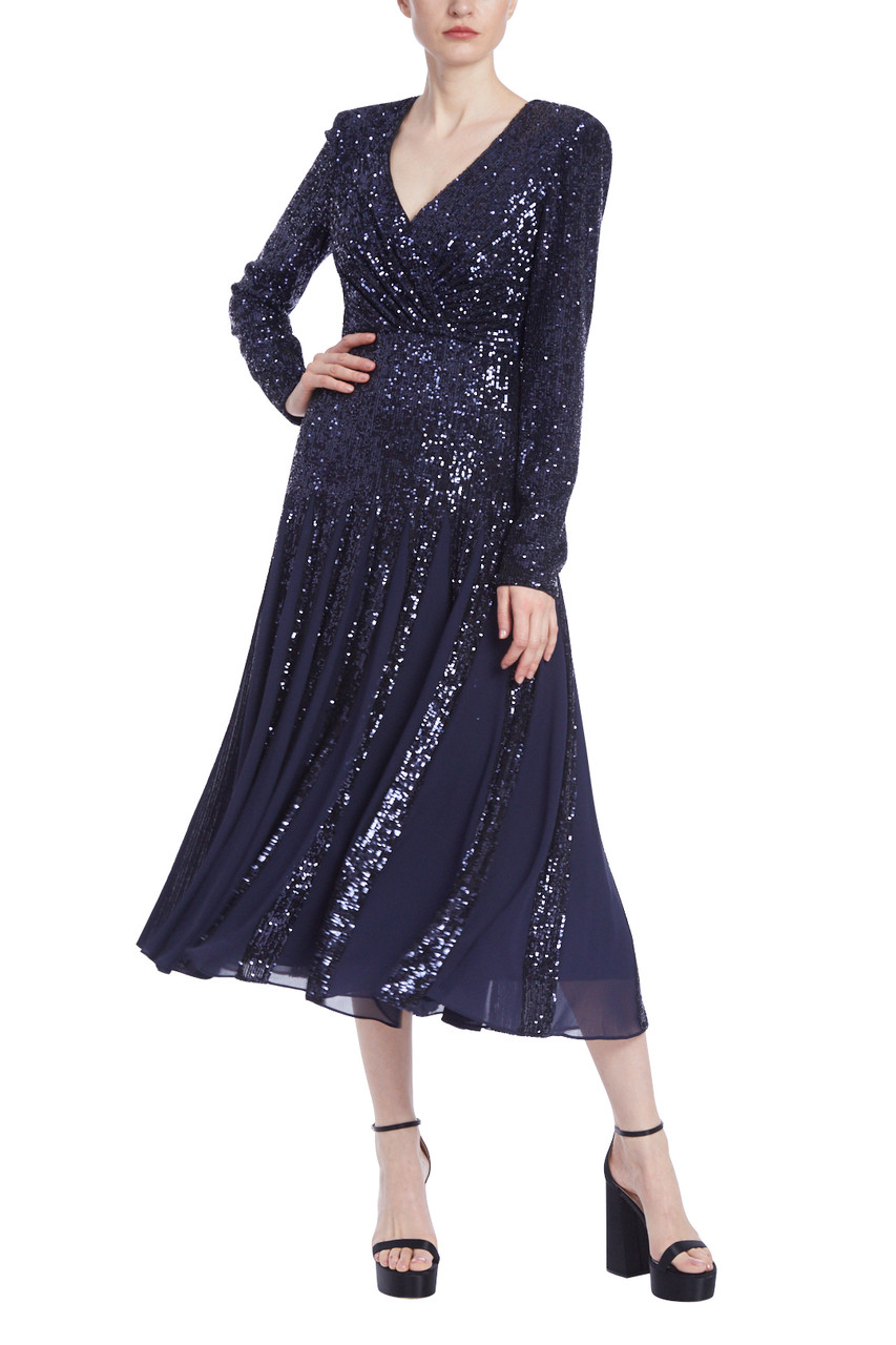 Long-Sleeved Sequined Godet Dress by Badgley Mischka