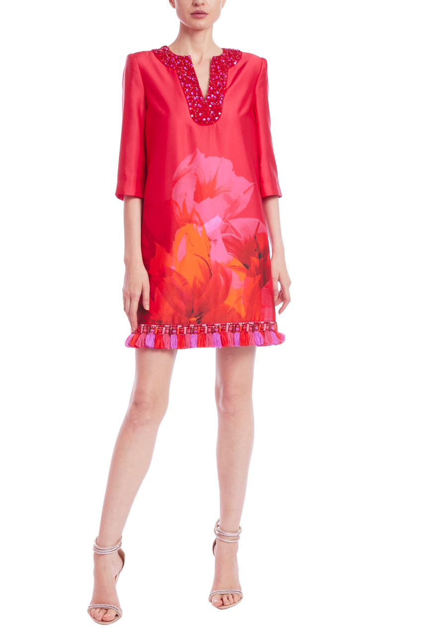 Beaded V-Neck Floral Tunic with Tassel Hem by Badgley Mischka