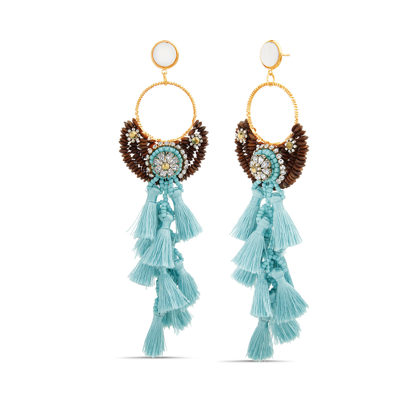 Wood Bead and Blue Raffia Tassel Earrings with Mixed Stone Accents