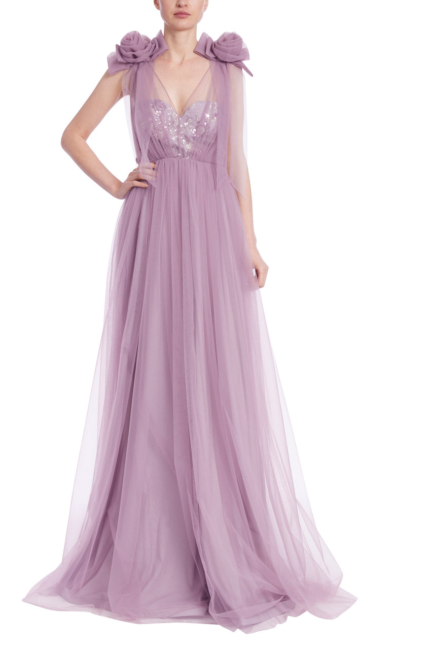 Badgley Mischka☆定価$1100 淡ピンクフェザーチュールドレス Tulle Gown with Sequined Bodice and Floral Shoulder Accents