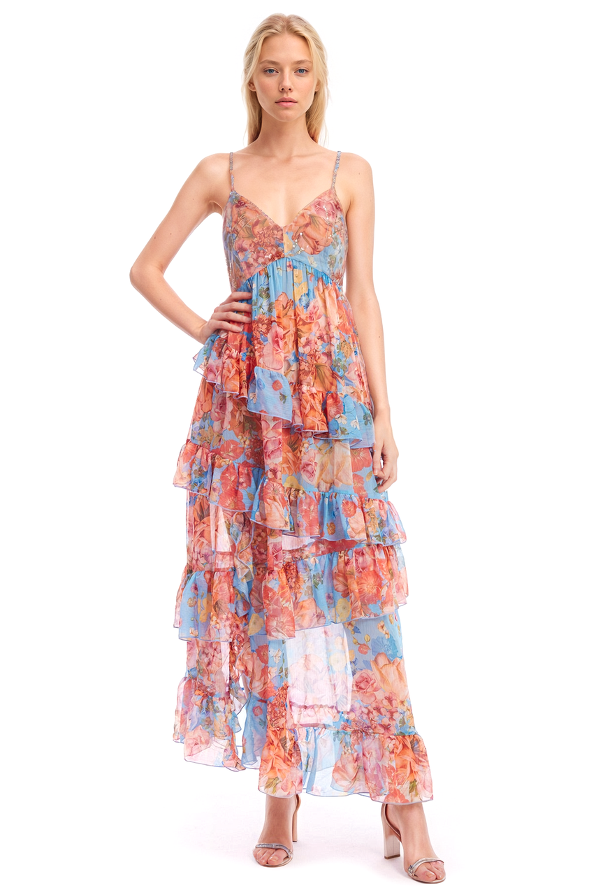 *Badgley Mischka* フローラルマキシドレス Fancy Floral Tiered Ruffle Maxi Dress by Badgley Mischka