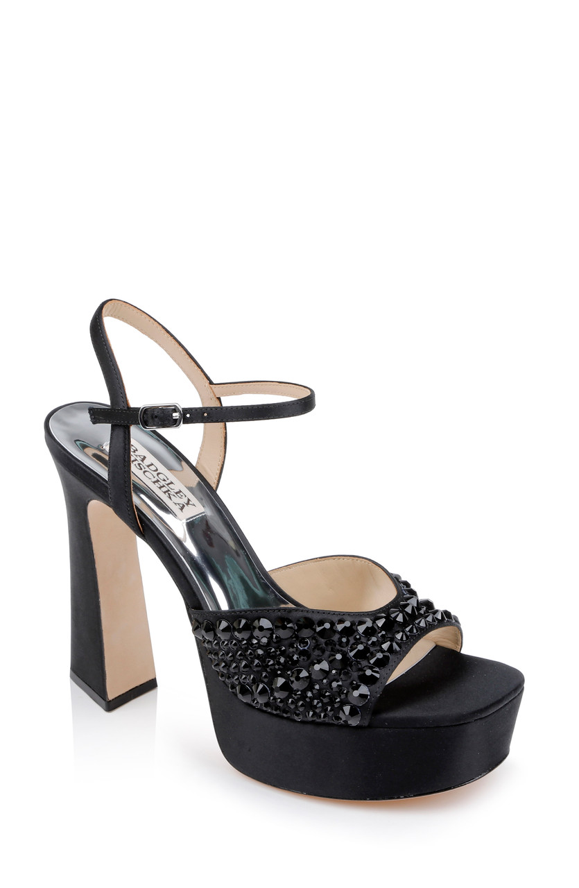 Bryleigh Satin Platform Block Heels with Bejeweled Vamp by