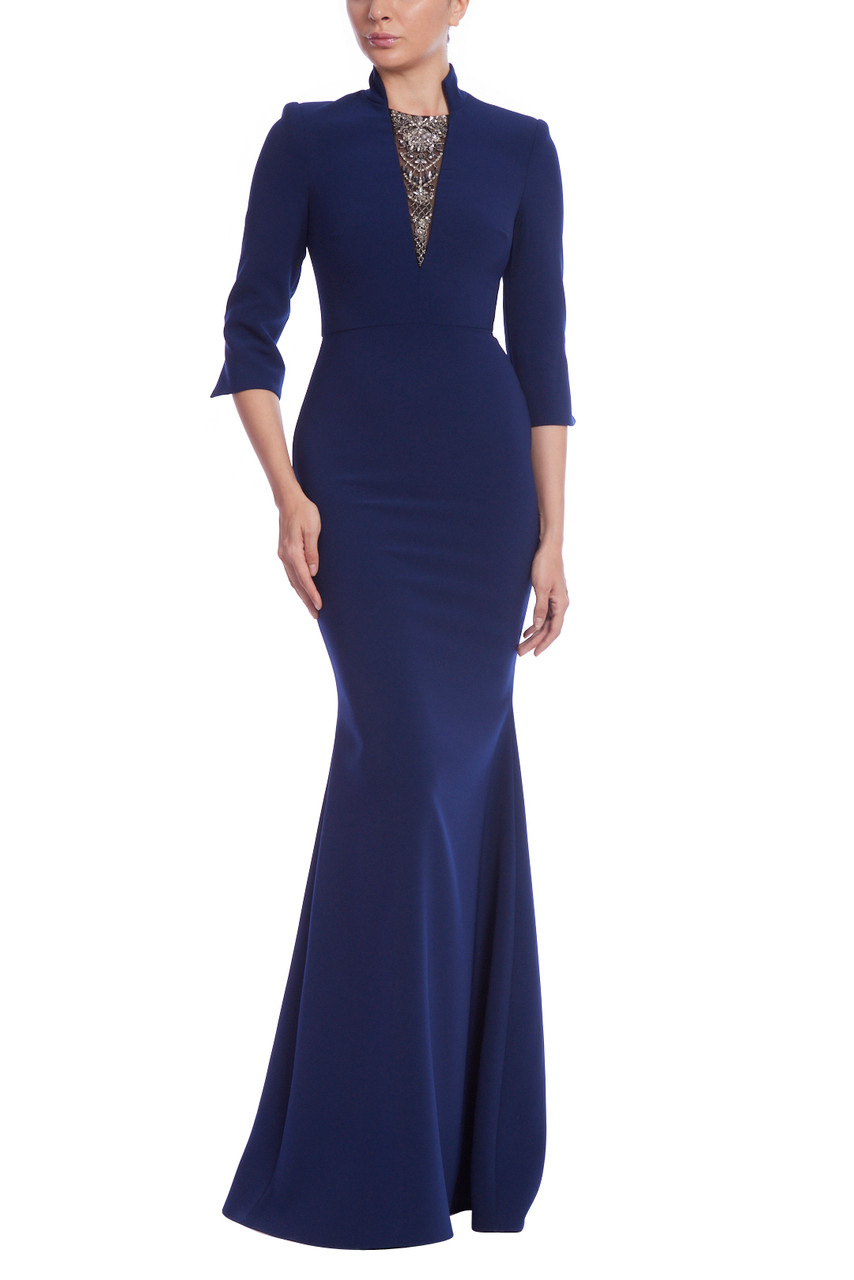Badgley Mischka☆V字ネックにビーズ装飾エレガントロングドレス Beaded V-Inset Mock Neck Crepe Gown by Badgley Mischka