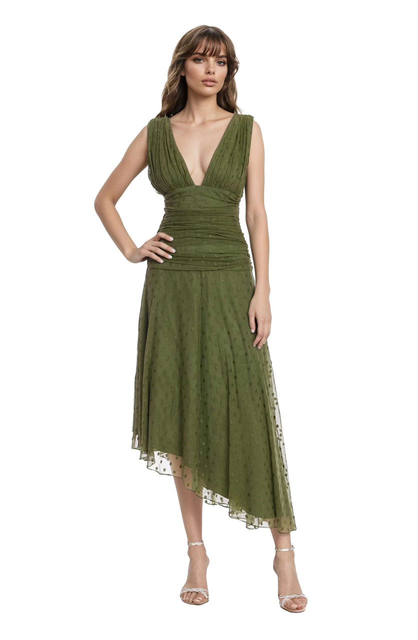katieページ Katie Draped V-Neck Asymmetrical Hem Dress by Jewel Badgley Mischka