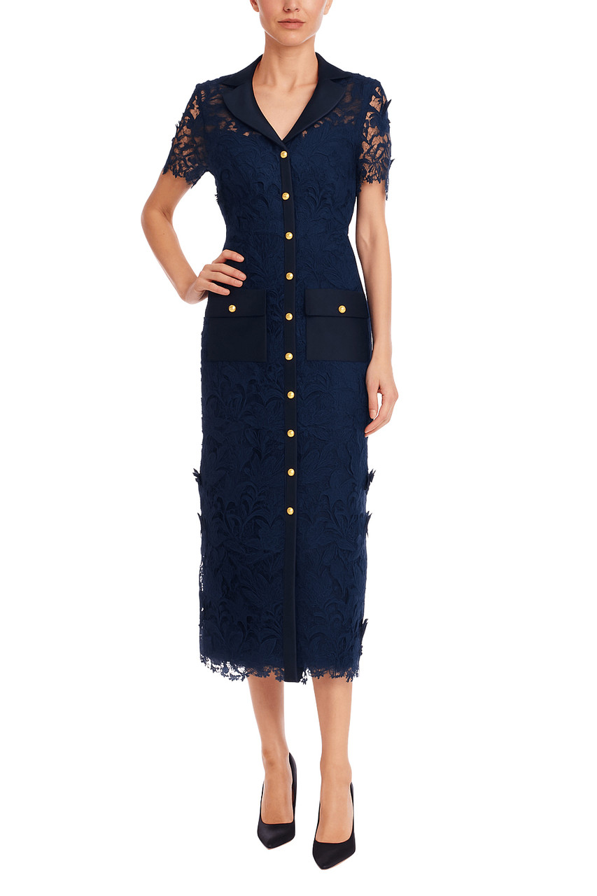 Embroidered Lace Shirt Dress with Sash by Badgley Mischka