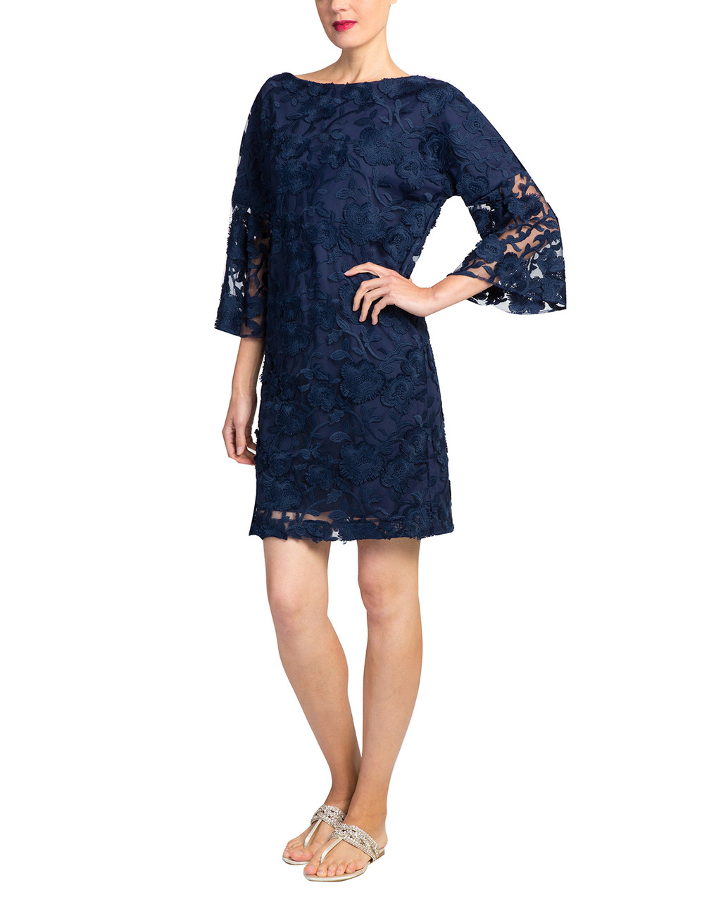 Lace bell sleeve day dress by Badgley Mischka