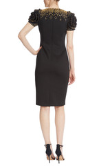 Black Gold | Gold Studded Sheath Dress with Rosette Sleeves