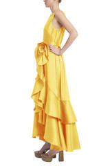 Yellow | Cascading Ruffle Gown with Rosette Detail