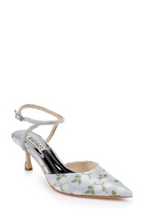 Mist Blue Fabric | Autumn Ankle Strap Kitten Heel Pumps Front Side