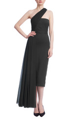 Black | One Shoulder Side Drape Crepe Dress