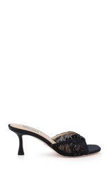 Black Satin | Draya Open Toe Mid Heel Mules Side