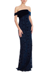 Navy | Off-Shoulder Velvet & Burnout Lace Column Gown Front Navy | Off-Shoulder Velvet & Burnout Lace Column Gown Front