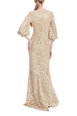 Gold | Gold Embroidered Lace Puff Sleeve Gown Back