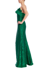 Emerald | Emerald Green Strapless Floral Jacquard Mermaid Gown Side Emerald | Emerald Green Strapless Floral Jacquard Mermaid Gown Side