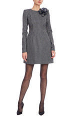 Navy Ivory | Plaid Long Sleeve Mini Dress with Floral Detail Front