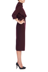 Wine | Mock Neck Belted Midi Sheath Dress Side Wine | Mock Neck Belted Midi Sheath Dress Side