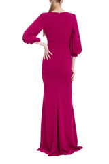 Raspberry | Belted Column Gown with Puff Sleeves Back