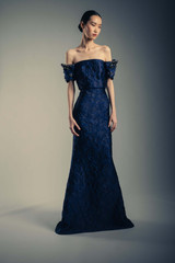 Cobalt | Beaded Off Shoulder Jacquard Mermaid Gown Runway