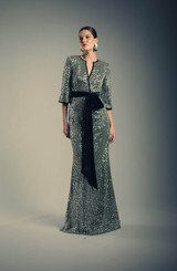 Gunmetal | Sequined & Velvet Sash V-Neck Gown Runway