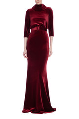 Wine | Velvet Mock Neck Belted Sheath Gown Front Wine | Velvet Mock Neck Belted Sheath Gown Front
