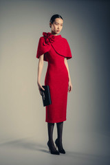 Red | Tweed Rosette Capelet Sheath Dress Runway Red | Tweed Rosette Capelet Sheath Dress Runway
