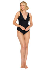 Jet Black | Yummy Baby Rib Scallop Edge Plunge Bodysuit Front