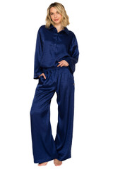 Blueberry | Luxe Monogram Satin Long Sleeve Wide Leg Pajama Set Front