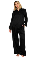 Jet Black | Luxe Monogram Satin Long Sleeve Wide Leg Pajama Set Front
