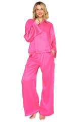 Raspberry | Luxe Monogram Satin Long Sleeve Wide Leg Pajama Set Front