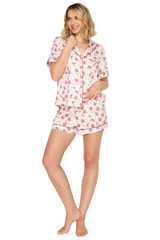 Ivory/Red Floral Print | Luxe Satin Notched Collar Short Pajama Set Front