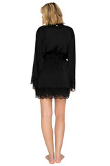 Jet Black | Luxe Satin & Sparkle Lace Short Wrap Robe Back