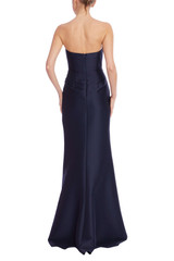 Navy | Strapless Ruched Mikado Trumpet Gown Back