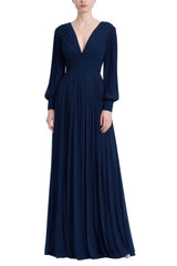 Navy | V-Neck Long Sleeve Pleated Gown Front