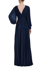 Navy | V-Neck Long Sleeve Pleated Gown Back