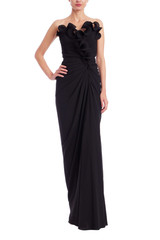 Black | Strapless Pleated Ruffle Gown Front