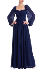 Navy | Pleated Sweetheart Bishop Sleeve Gown Front