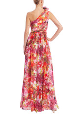 Pink Multi | One-Shoulder Ruffle Floral Print Gown Back