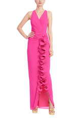 Magenta | Sleeveless V-Neck Gown with 3D Rosette Ruffle Front