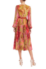 Pink Multi | Pleated Bishop Sleeve Belted Midi Dress Back