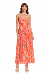 Coral Multi | Nelle Floral Print Pleated Maxi Dress Front