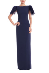Navy | Feather Trim Short Sleeve Column Gown Front