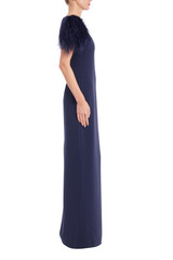 Navy | Feather Trim Short Sleeve Column Gown Side