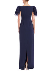 Navy | Feather Trim Short Sleeve Column Gown Back
