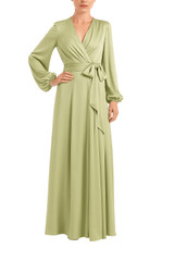 Sage | Satin Faux-Wrap Long Sleeve Gown Front