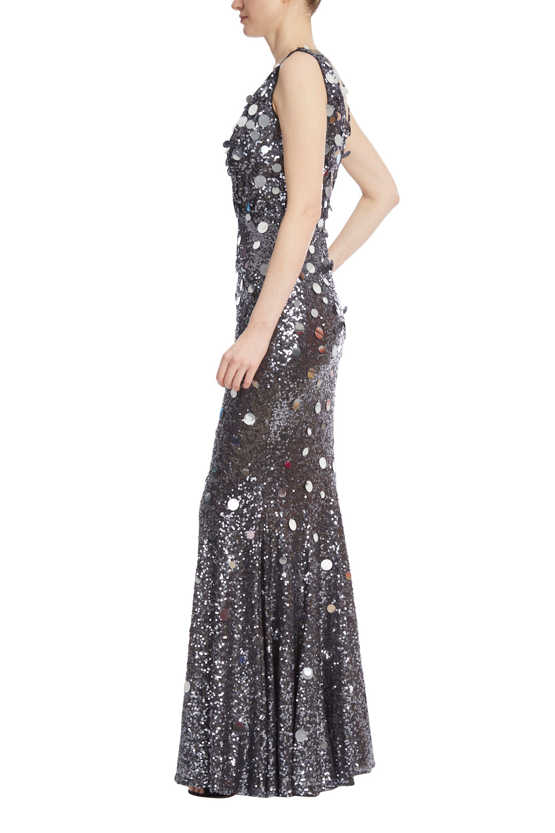 Women's Grey Round Neck Mermaid Sequin Net Sheath Maxi Dress