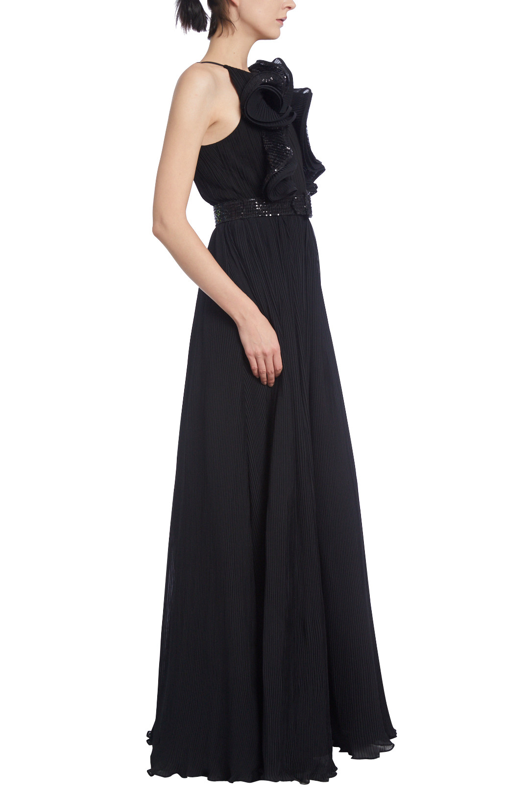 Black Pleated Evening Gown with Ruffled Halter Neck by Badgley Mischka