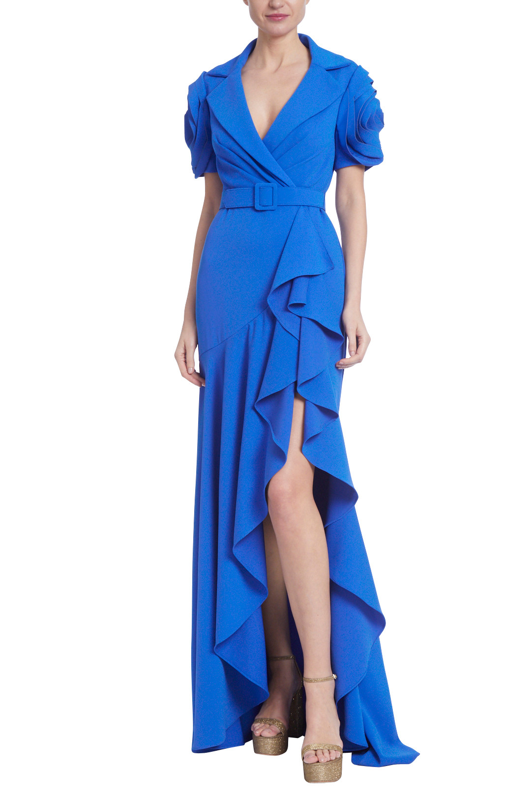 Rosette Sleeves Collar Gown with Ruffled Slit by Badgley Mischka