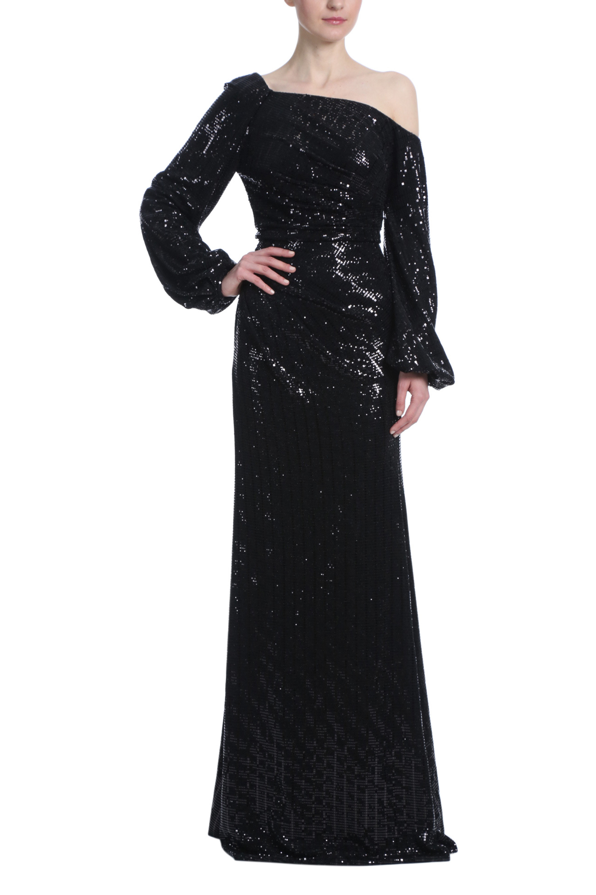 Sequin Asymmetrical Sleeve Gown by Badgley Mischka